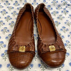 Tory Burch Romy Alligator-Embossed Leather Ballet Flats Brown